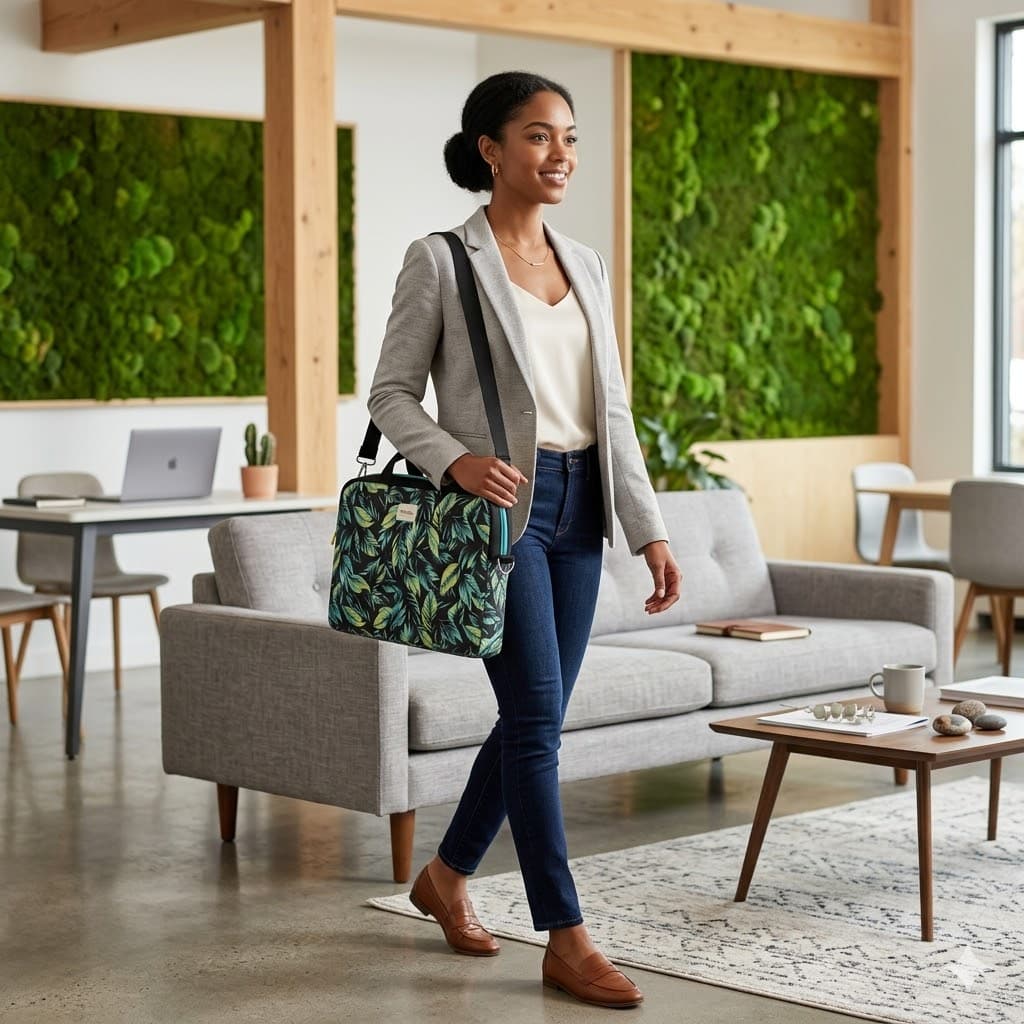 Bolso laptop hojas tropicales - mujer en oficina moderna