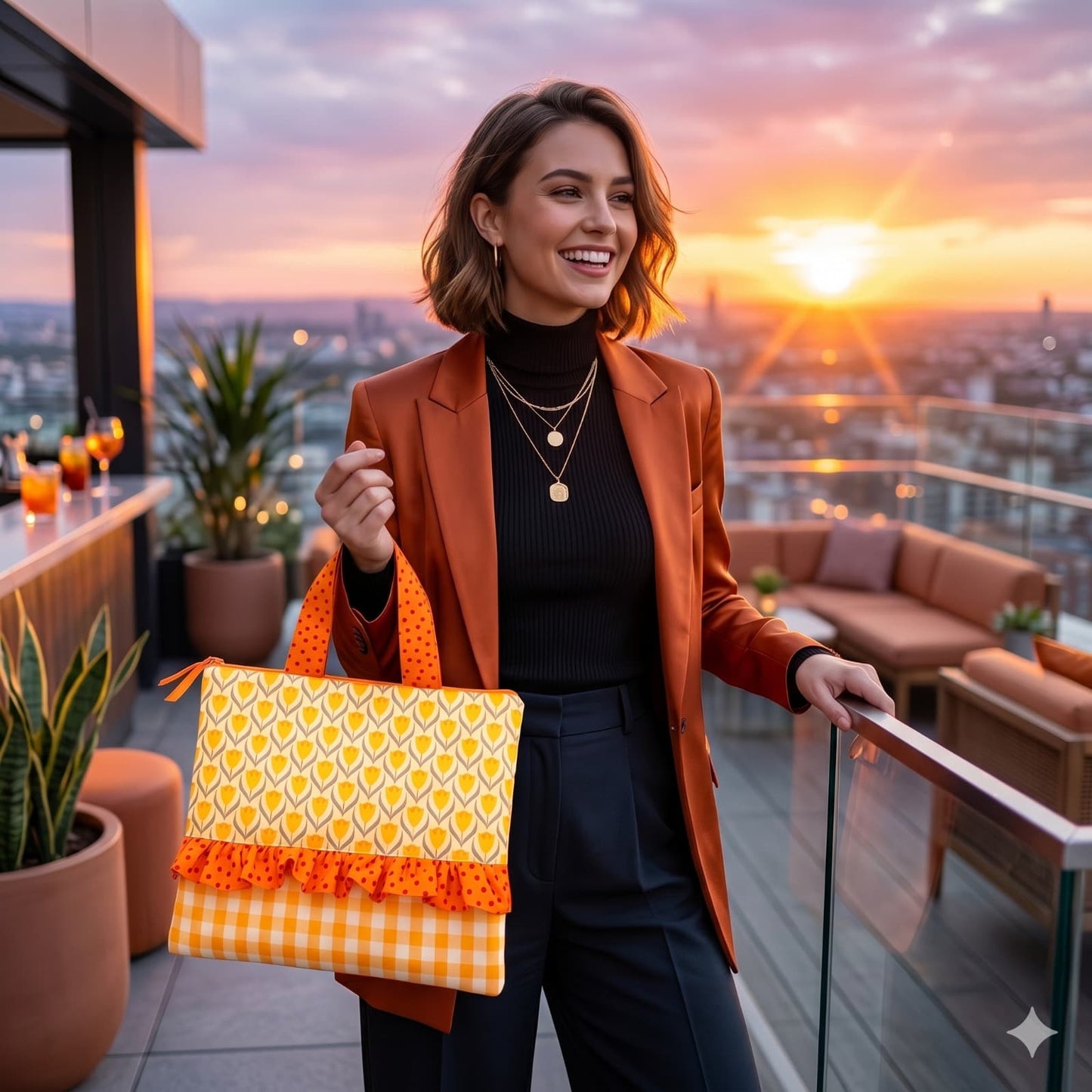 Bolso Tote Tulipanes con Volante de Lunares en tonos amarillos y naranjas, con diseño de tulipanes y detalle de volante con estampado de lunares. Modelo