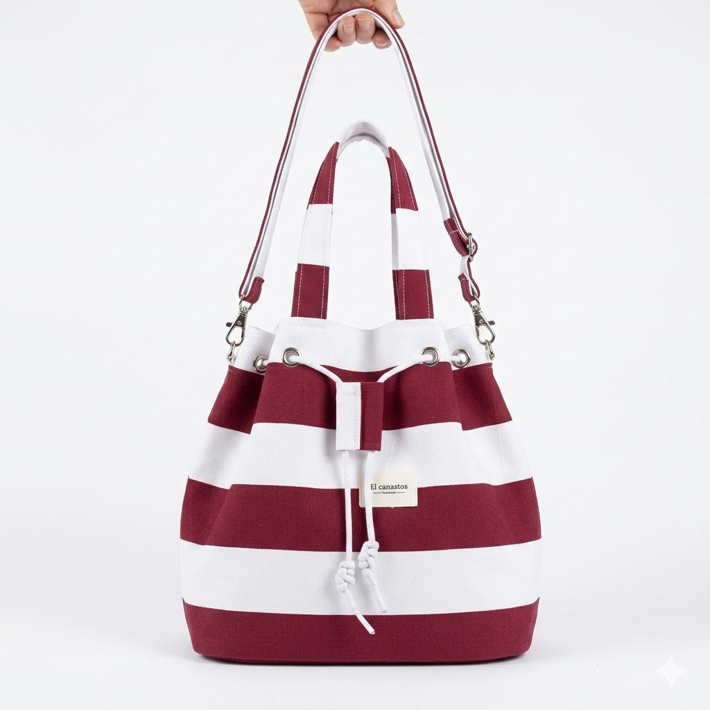 Bolso saco de rayas granate y blanco, vista frontal, hecho a mano