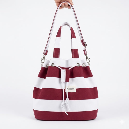 Bolso saco de rayas granate y blanco, vista frontal, hecho a mano