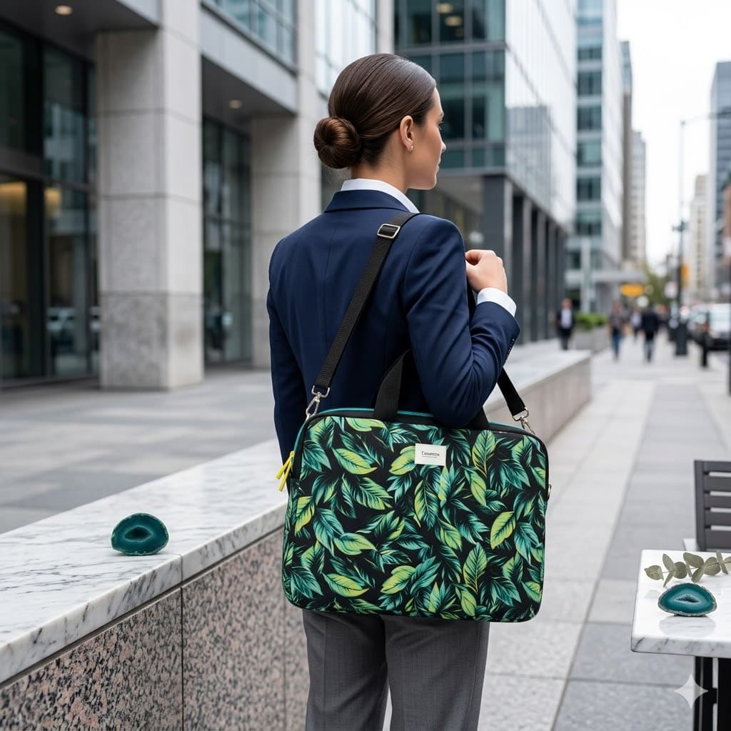 Bolso laptop hojas tropicales - vista trasera mujer en ciudad