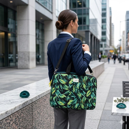 Bolso laptop hojas tropicales - vista trasera mujer en ciudad