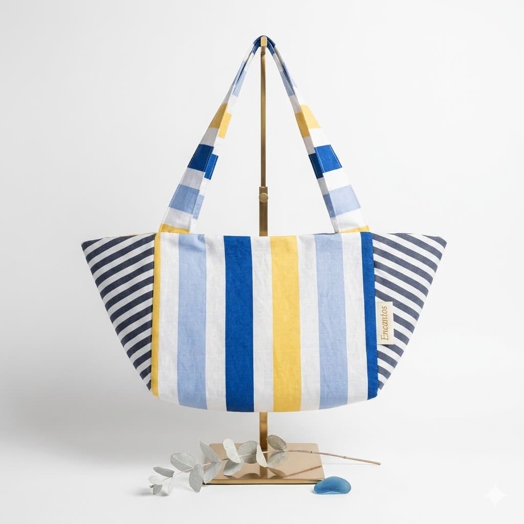 Bolso playero artesanal Encantos de rayas azul marino, azul cielo y amarillo, vista frontal