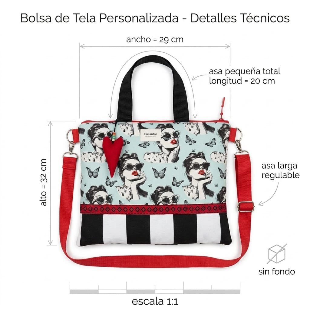 Medidas bolso Encantos Colección Carolina: alto 32 cm, ancho 29 cm, asa corta 20 cm, bandolera larga regulable, sin fondo