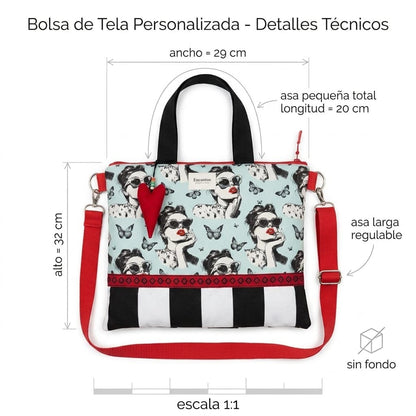 Medidas bolso Encantos Colección Carolina: alto 32 cm, ancho 29 cm, asa corta 20 cm, bandolera larga regulable, sin fondo