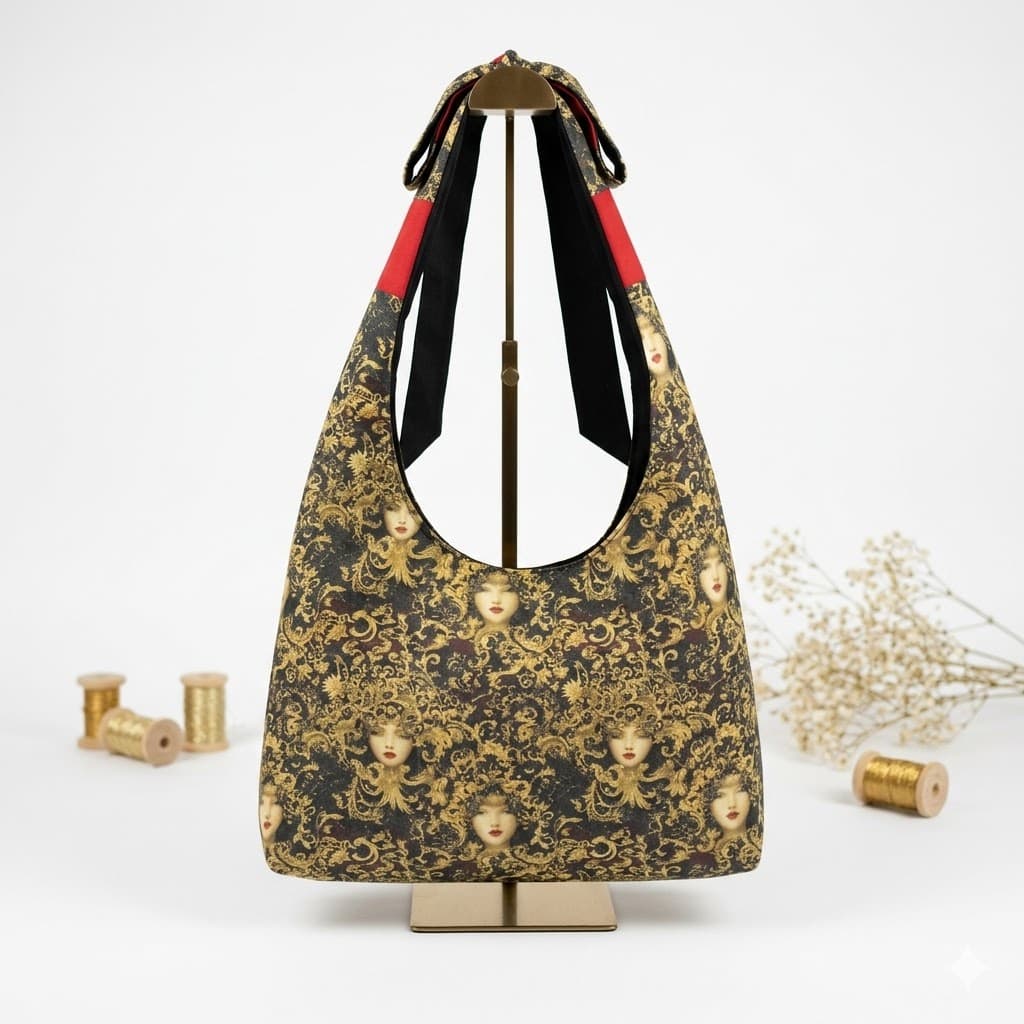 Bolso Hobo Estampado Barroco Dorado artesanal, detalle del estampado barroco dorado | Encantos
