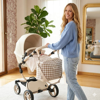 Modelo con bolso saco bebé vichy beige colgado en carrito de bebé