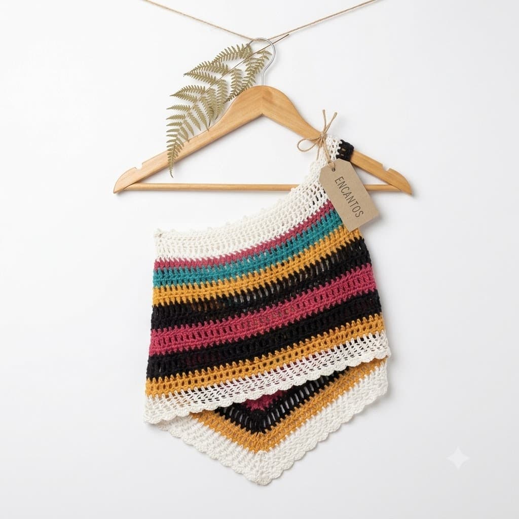 Short crochet multicolor rayas boho en percha con etiqueta Encantos, fondo blanco