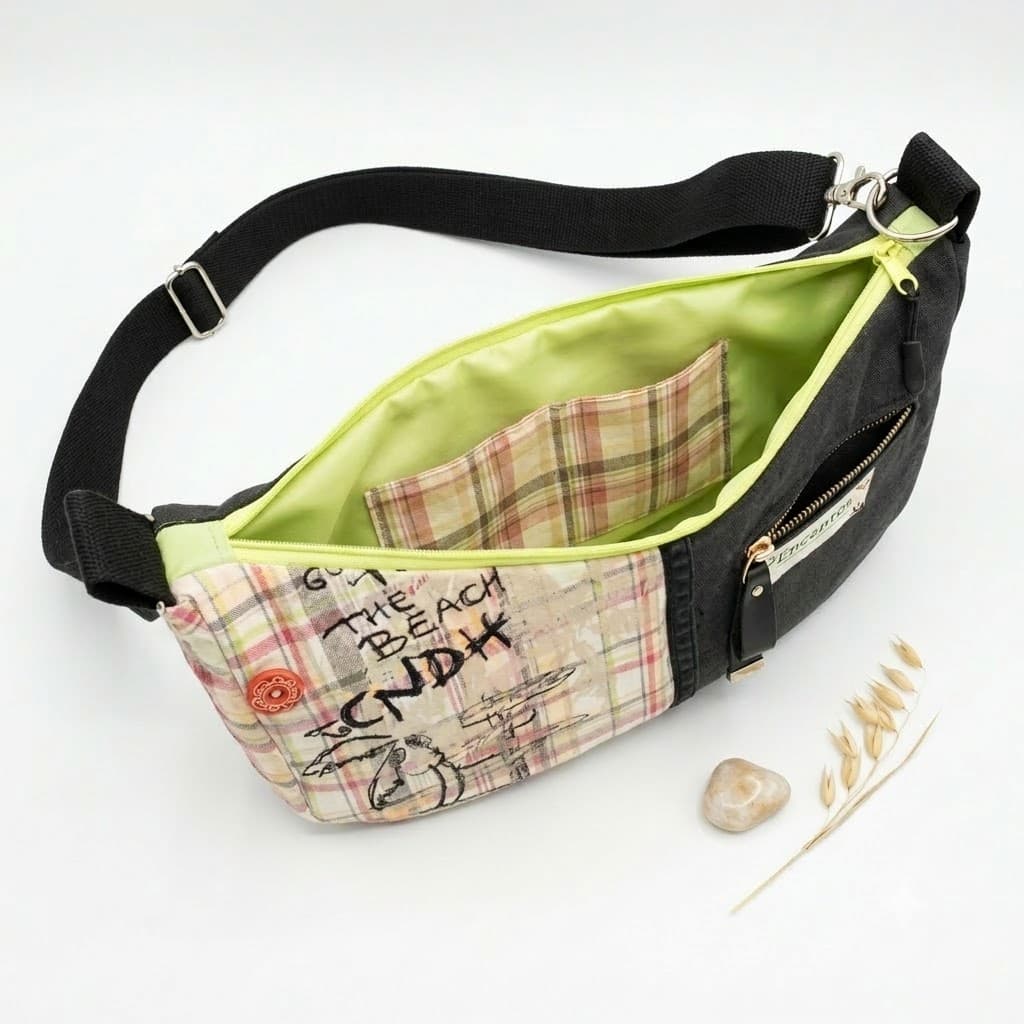 Modelo con bolso media luna The Beach CNDH en bandolera, detalle bolsillo exterior cremallera y placa Encantos