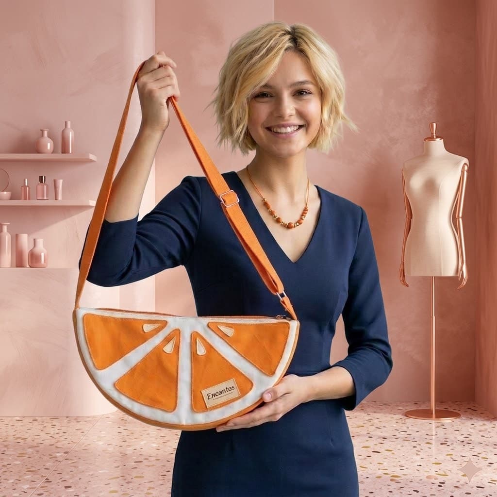 Bolso Media Luna Naranja Gajos Artesanal Encantos - modelo en tienda rosa sosteniendo bolso
