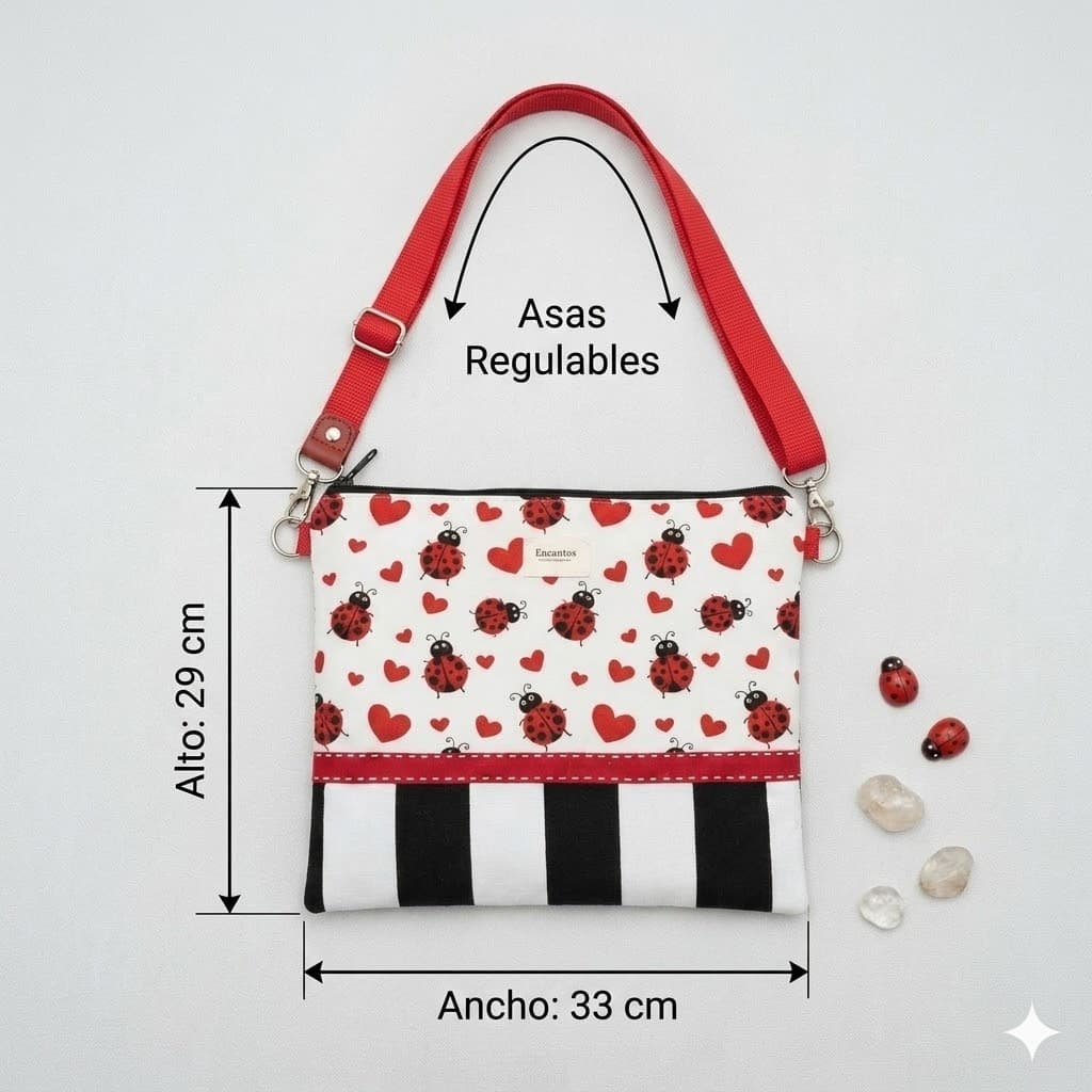Bolso cruzado mariquitas Encantos con medidas: 33 cm de ancho x 29 cm de alto y asas regulables
