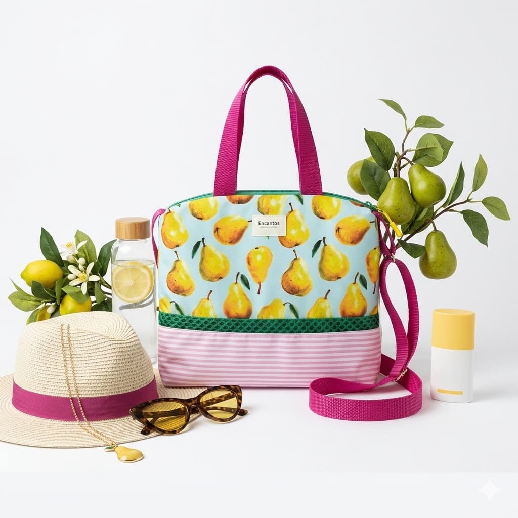 Bolso tote peras Encantos con sombrero, gafas y accesorios de verano