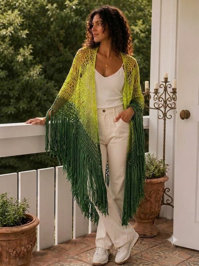 Chal triangular crochet degradado verde lima a verde bosque con flecos, puesto sobre modelo