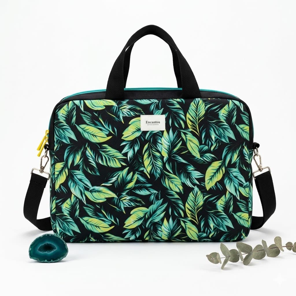 Bolso laptop hojas tropicales - detalle estampado
