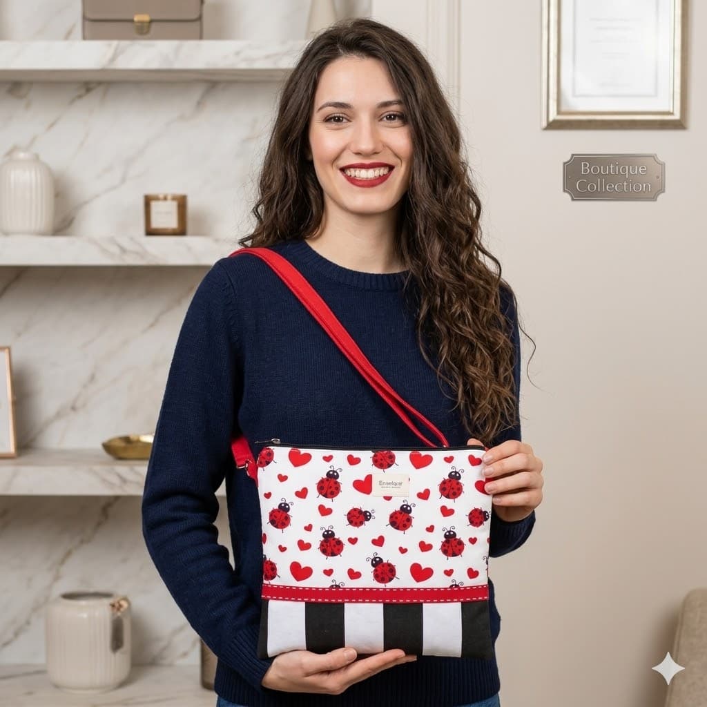 Modelo llevando el bolso cruzado mariquitas de Encantos en bandolera con asa roja regulable