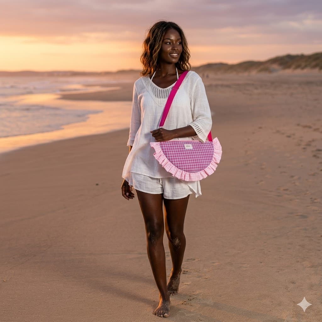 Bolso Media Luna Vichy Rosa en la playa - modelo llevándolo en bandolera