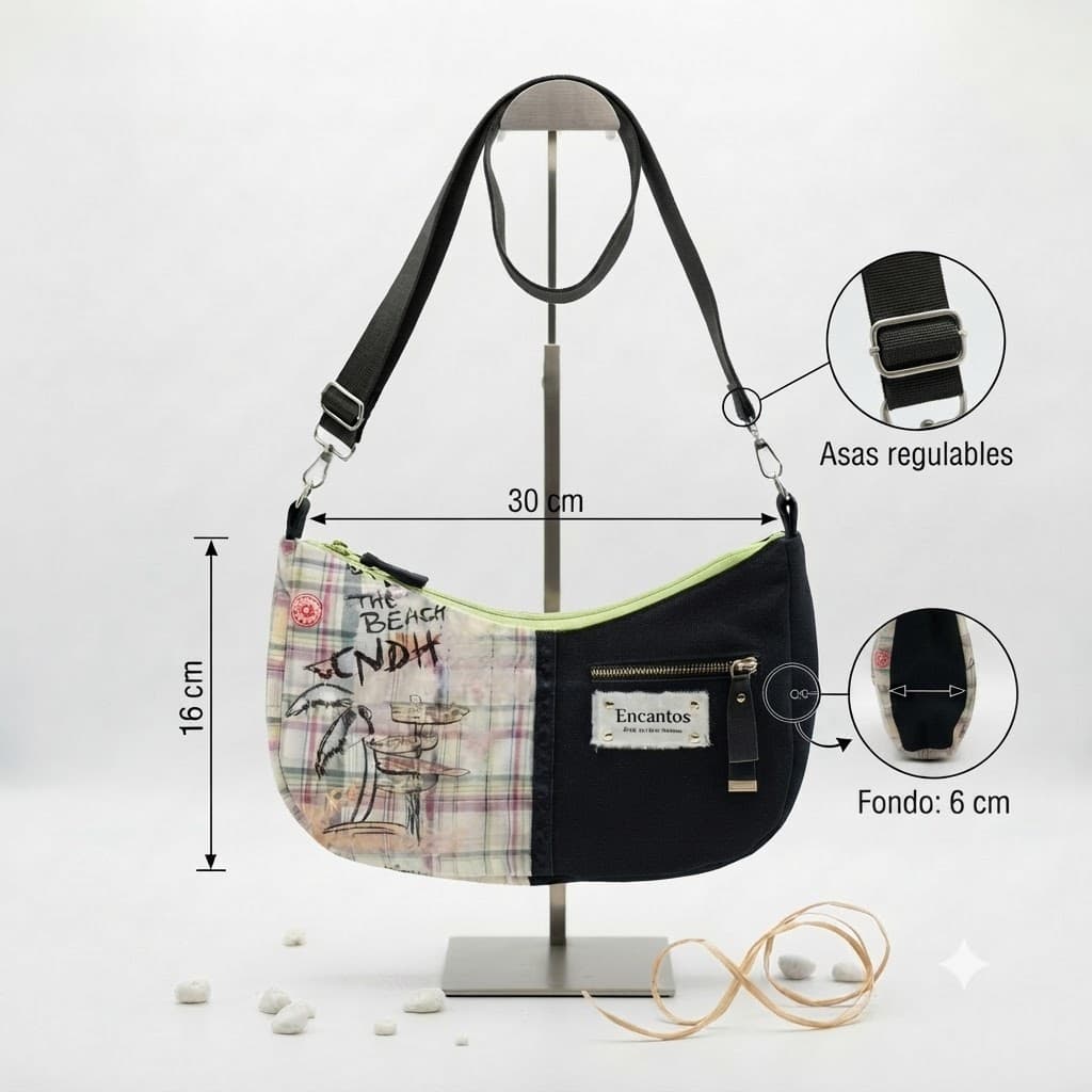 Bolso media luna The Beach CNDH bicolor cuadros y negro en maniquí, vista frontal completa — Encantos
