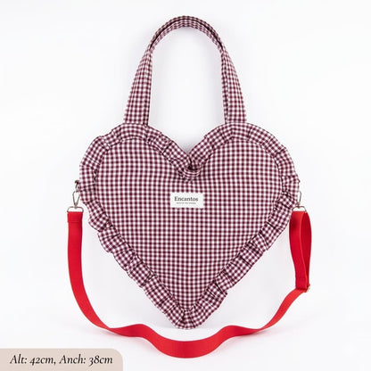 Bolso corazón con volantes vichy burdeos - vista frontal con bandolera"