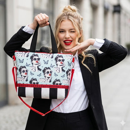 Modelo sosteniendo el bolso Encantos Colección Carolina estampado mujeres con mariposas en exterior urbano