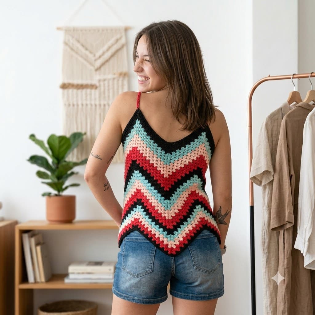 Modelo con top crochet multicolor chevron negro turquesa y rojo, vista trasera, ambiente boho
