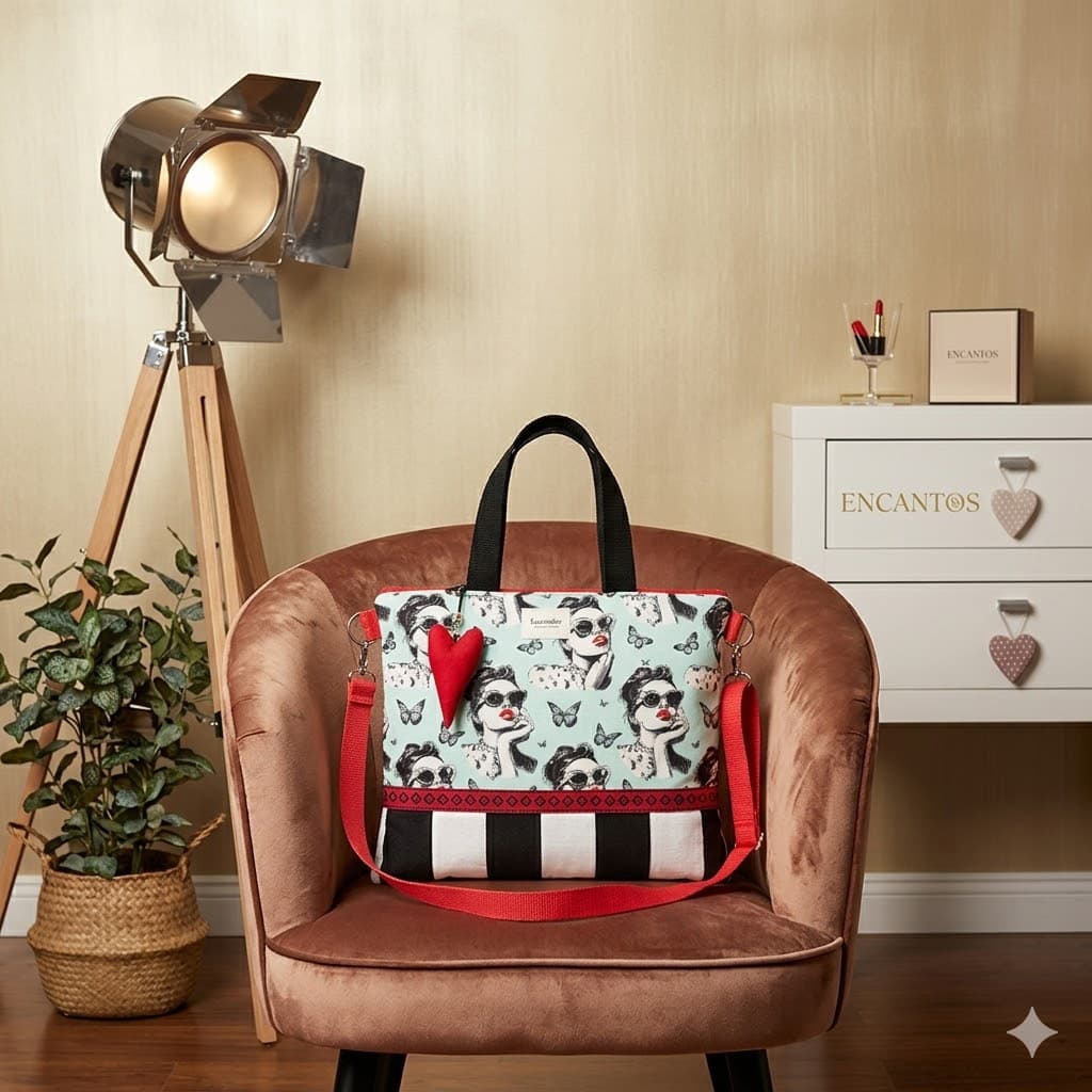 Bolso Encantos Colección Carolina en sillón vintage con lámpara de estudio – ambiente decorado