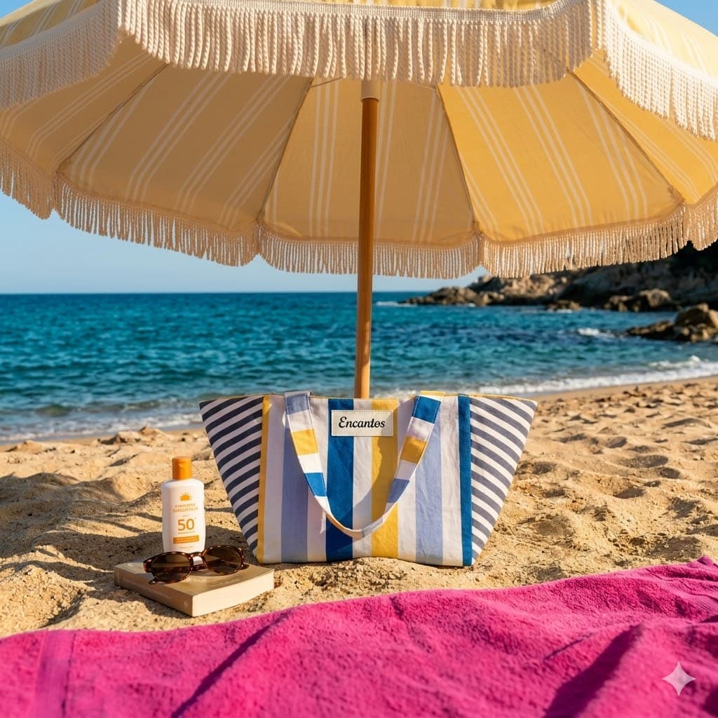 Bolso playero Encantos en la playa bajo sombrilla, con crema solar y gafas de sol