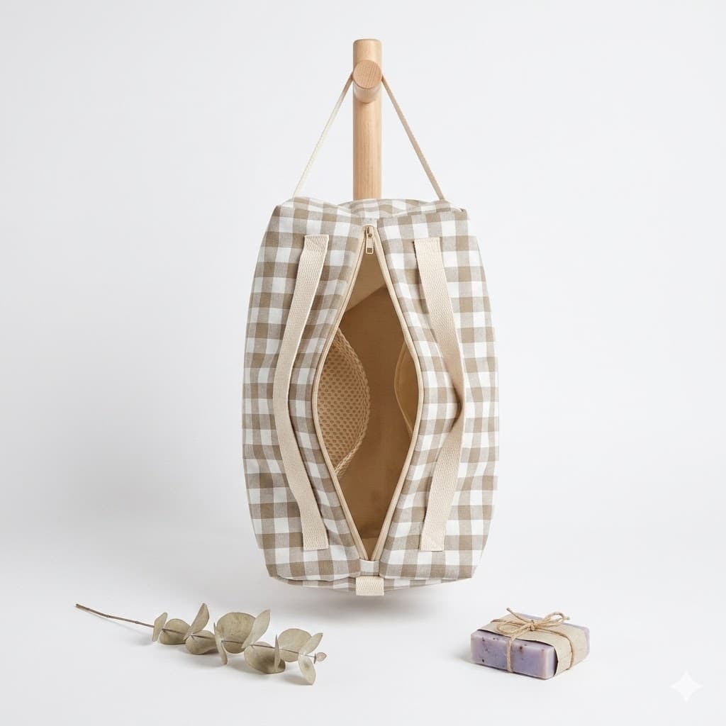 Bolso saco bebé vichy beige abierto mostrando interior amplio con bolsillo de red