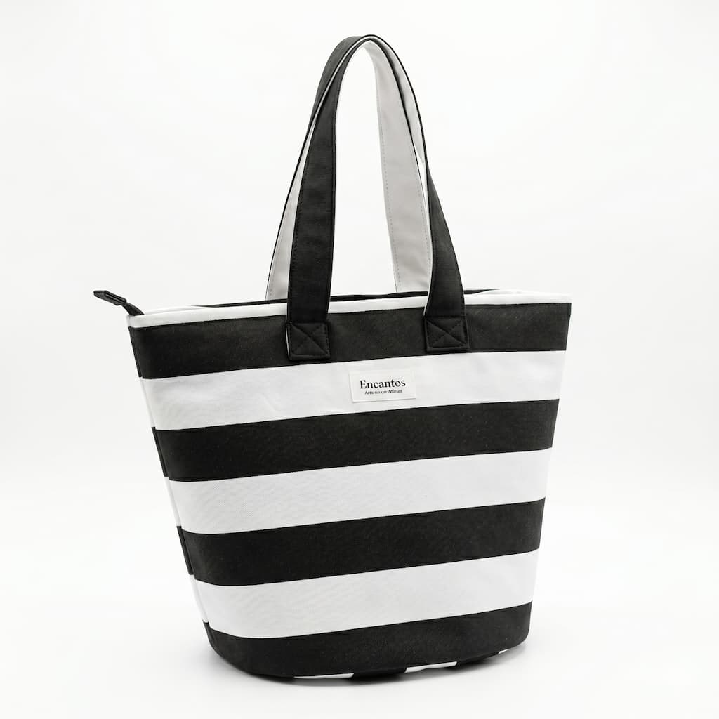 Tote bag rayas blanco y negro Encantos vista en ángulo con asas largas