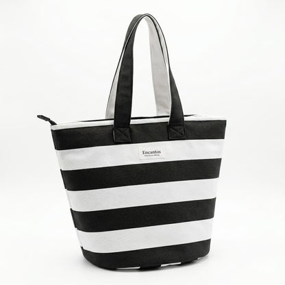 Tote bag rayas blanco y negro Encantos vista en ángulo con asas largas
