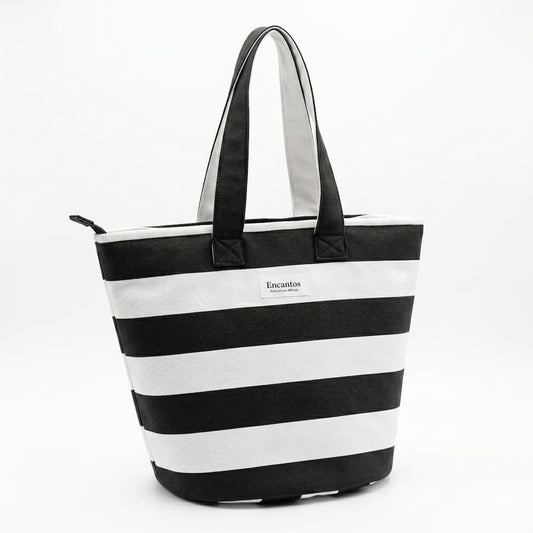 Tote bag rayas blanco y negro Encantos vista en ángulo con asas largas