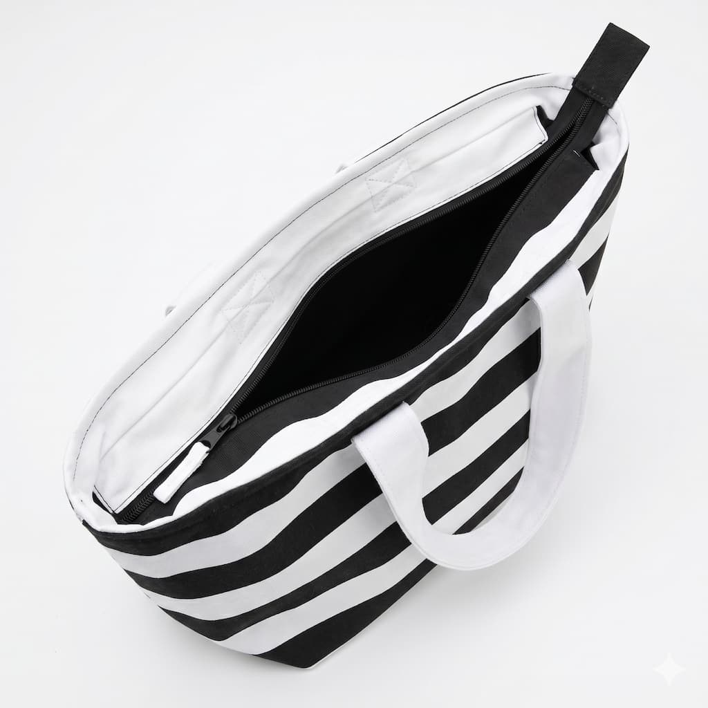 Interior de la tote bag rayas blanco y negro con cremallera negra abierta