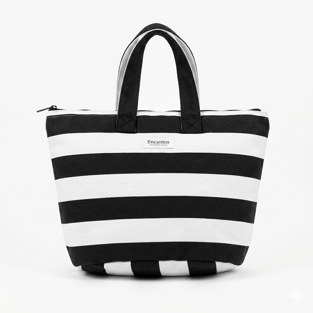 Tote bag rayas blanco y negro Encantos vista frontal sobre fondo blanco