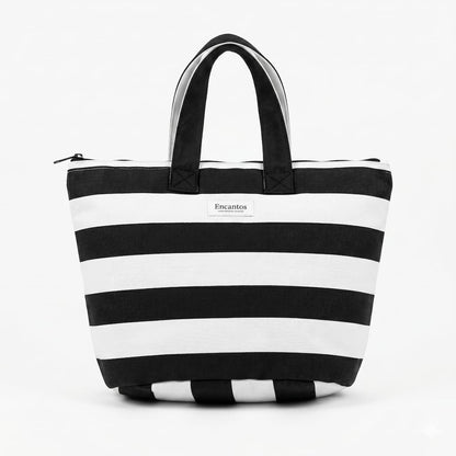 Tote bag rayas blanco y negro Encantos vista frontal sobre fondo blanco