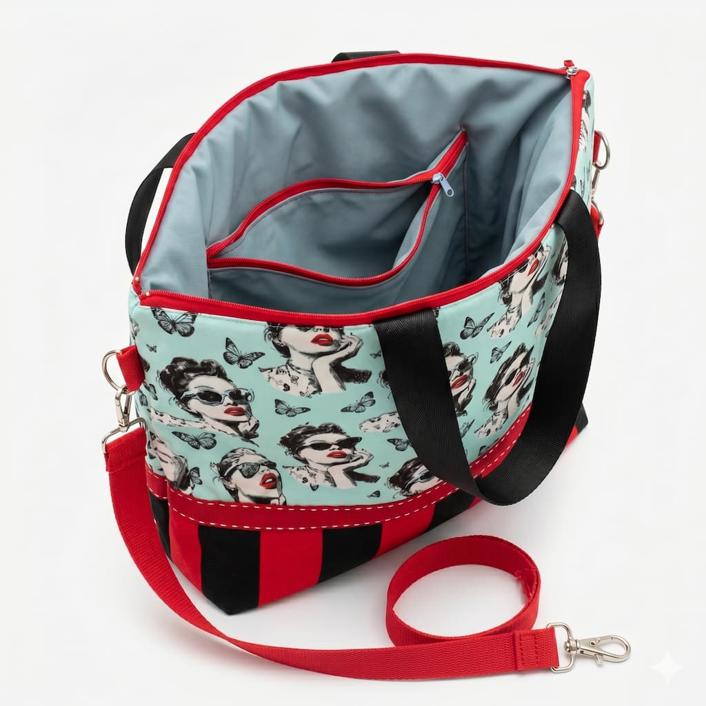 Tote bag artesanal pin-up vintage con estampado retro en azul celeste, rayas blancas y negras, asas negras y bandolera roja