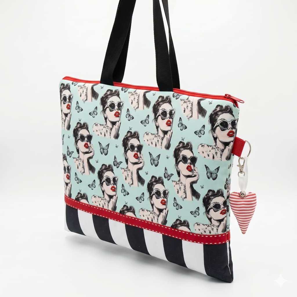 Tote bag artesanal pin-up vintage con estampado retro en azul celeste, rayas blancas y negras, asas negras y bandolera roja