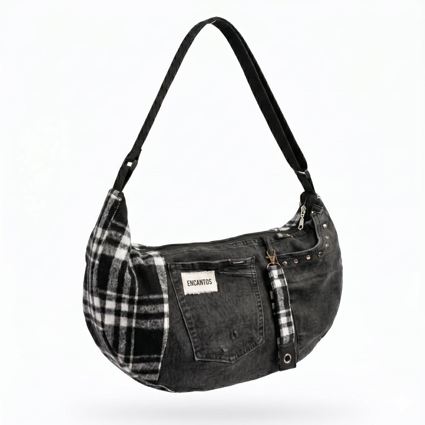 Bolso Luna Denim y Tartan hecho a mano — denim negro reciclado y tartan — Encantos