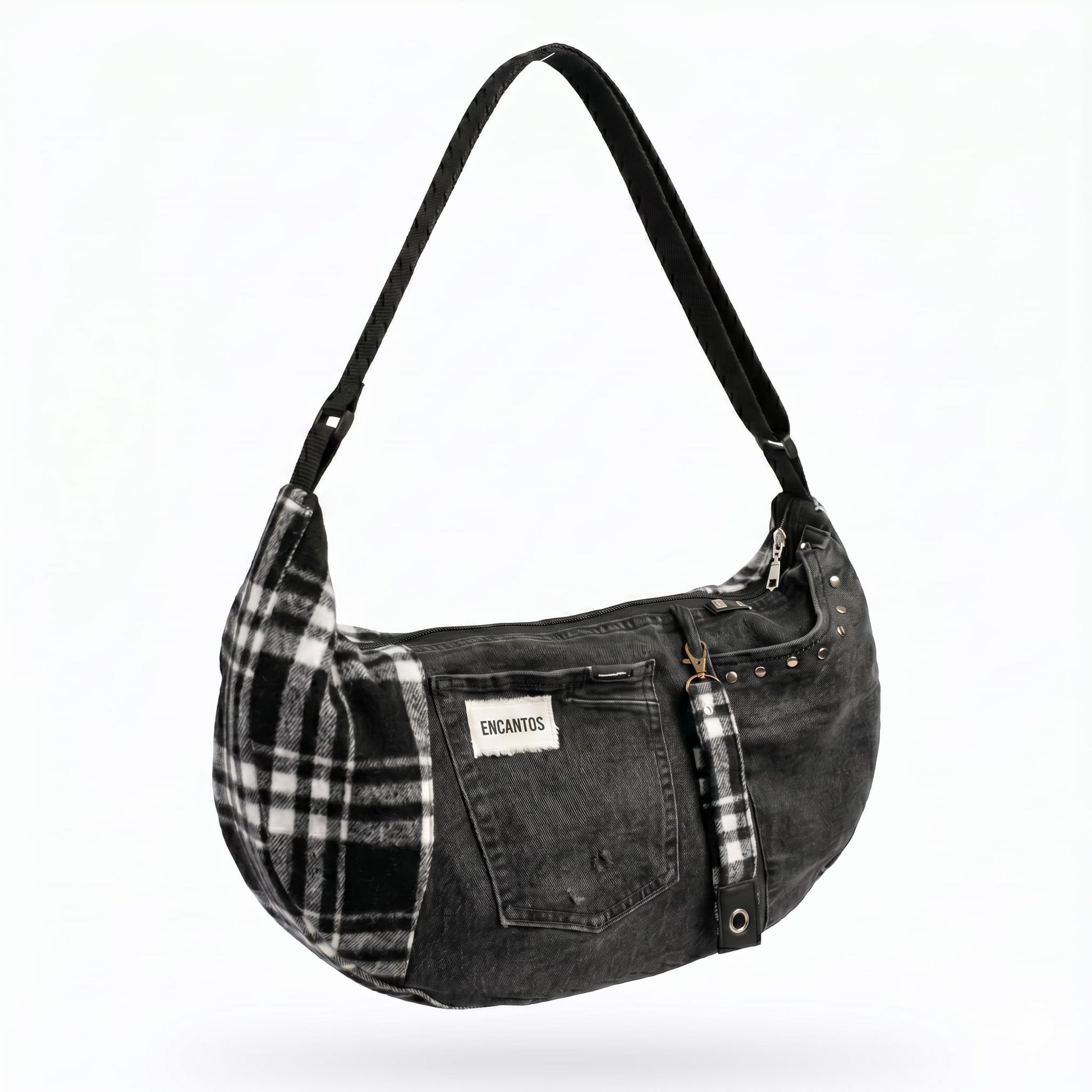 Bolso Luna Denim y Tartan hecho a mano — denim negro reciclado y tartan — Encantos