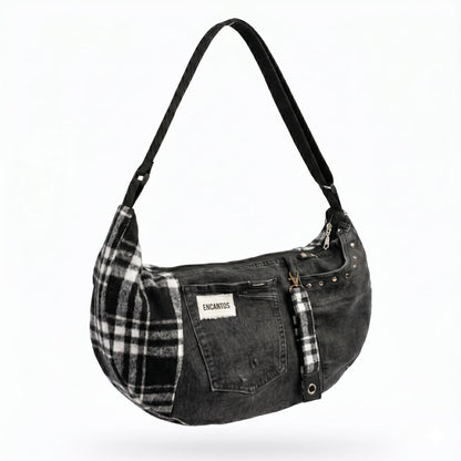 Bolso Luna Denim y Tartan hecho a mano — denim negro reciclado y tartan — Encantos