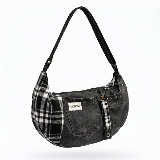 Bolso Luna Denim y Tartan hecho a mano — denim negro reciclado y tartan — Encantos