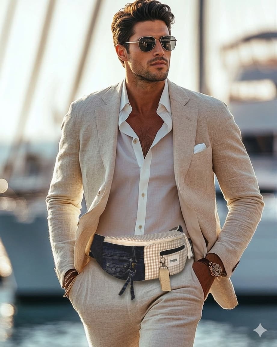 Hombre con traje beige y camisa blanca, gafas de sol oscuras, cinturón tipo riñonera a cuadros y reloj, posando frente a un fondo desenfocado de puerto y barcos.
