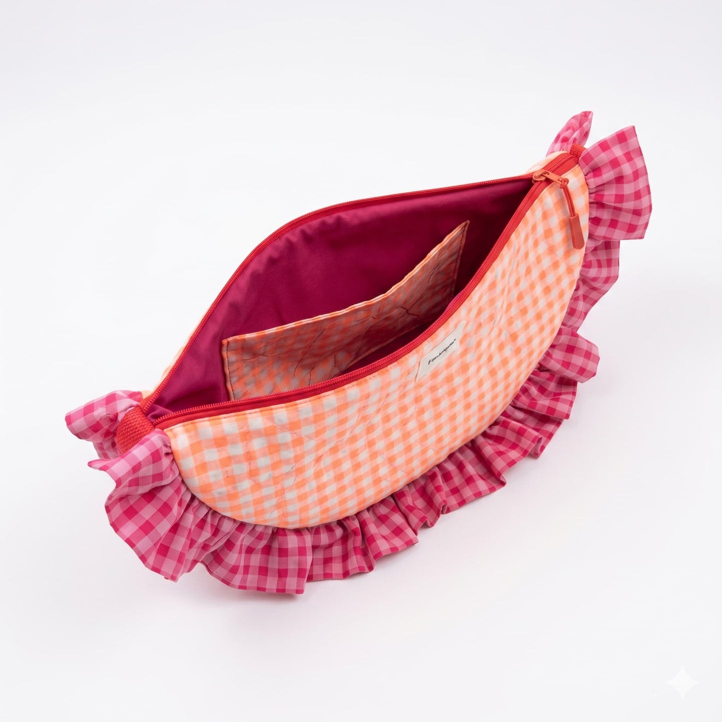 Bolso Media Luna Vichy Naranja y Fucsia - interior abierto