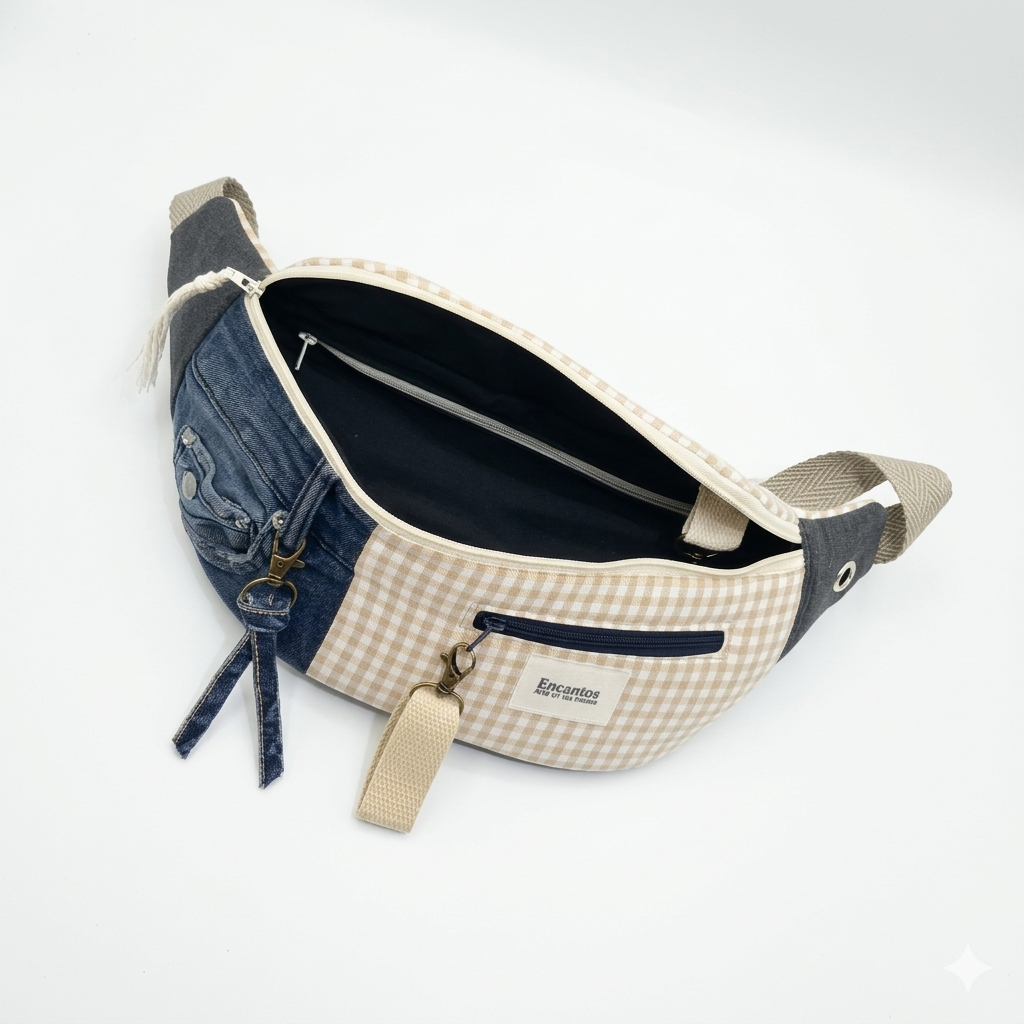 Riñonera Gingham Denim con diseño combinado de tela tipo mezclilla y patrón gingham beige, con cierre y compartimentos prácticos para uso diario.