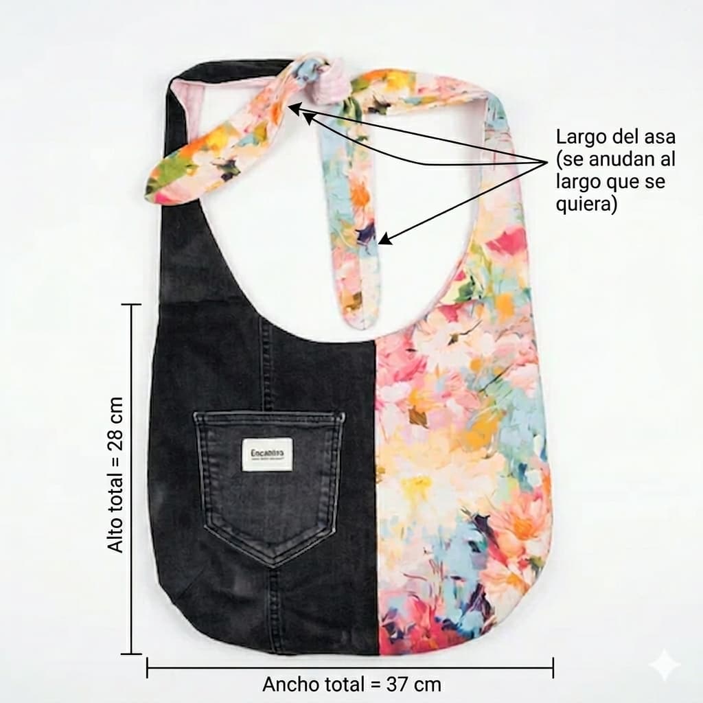 Bolso hobo artesanal bicolor de denim con estampado de flores, hecho a mano, Encantos