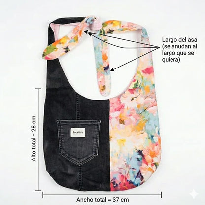 Bolso hobo artesanal bicolor de denim con estampado de flores, hecho a mano, Encantos