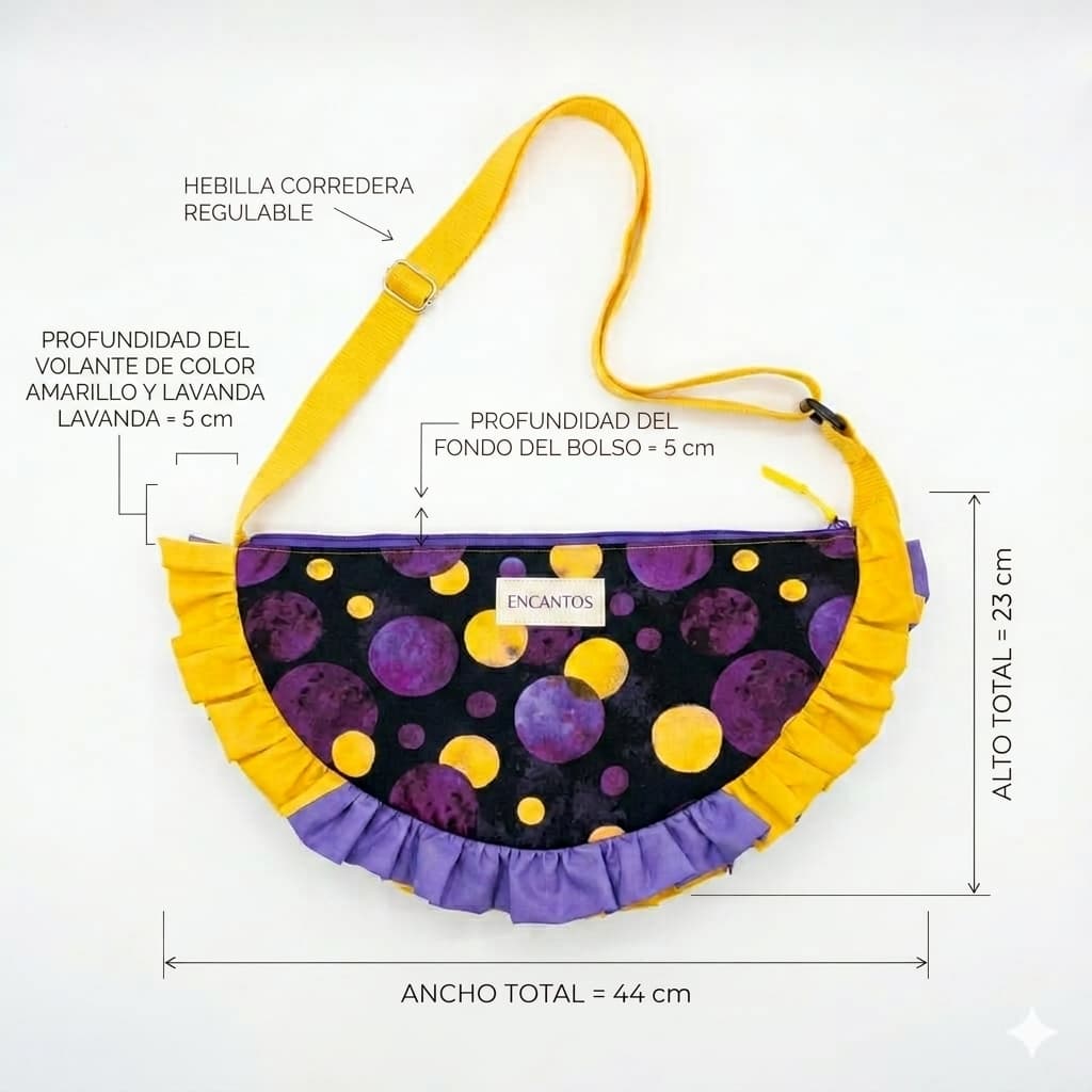 Ficha técnica Bolso Media Luna Lunares Morado y Amarillo: ancho 44cm, alto 23cm, profundidad fondo 5cm, volante 5cm, hebilla corredera regulable