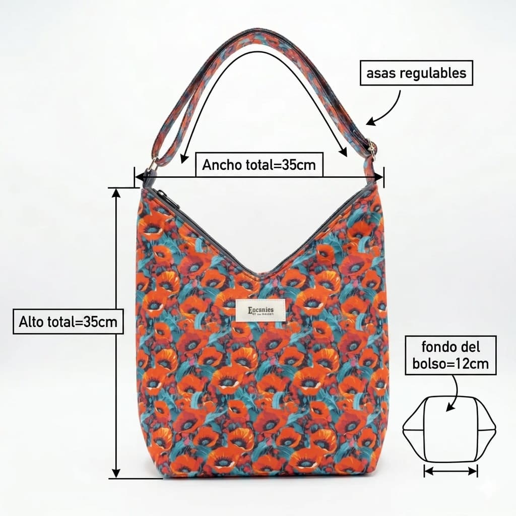 Bolso Hobo Amapolas artesanal con estampado de amapolas rosas hecho a mano