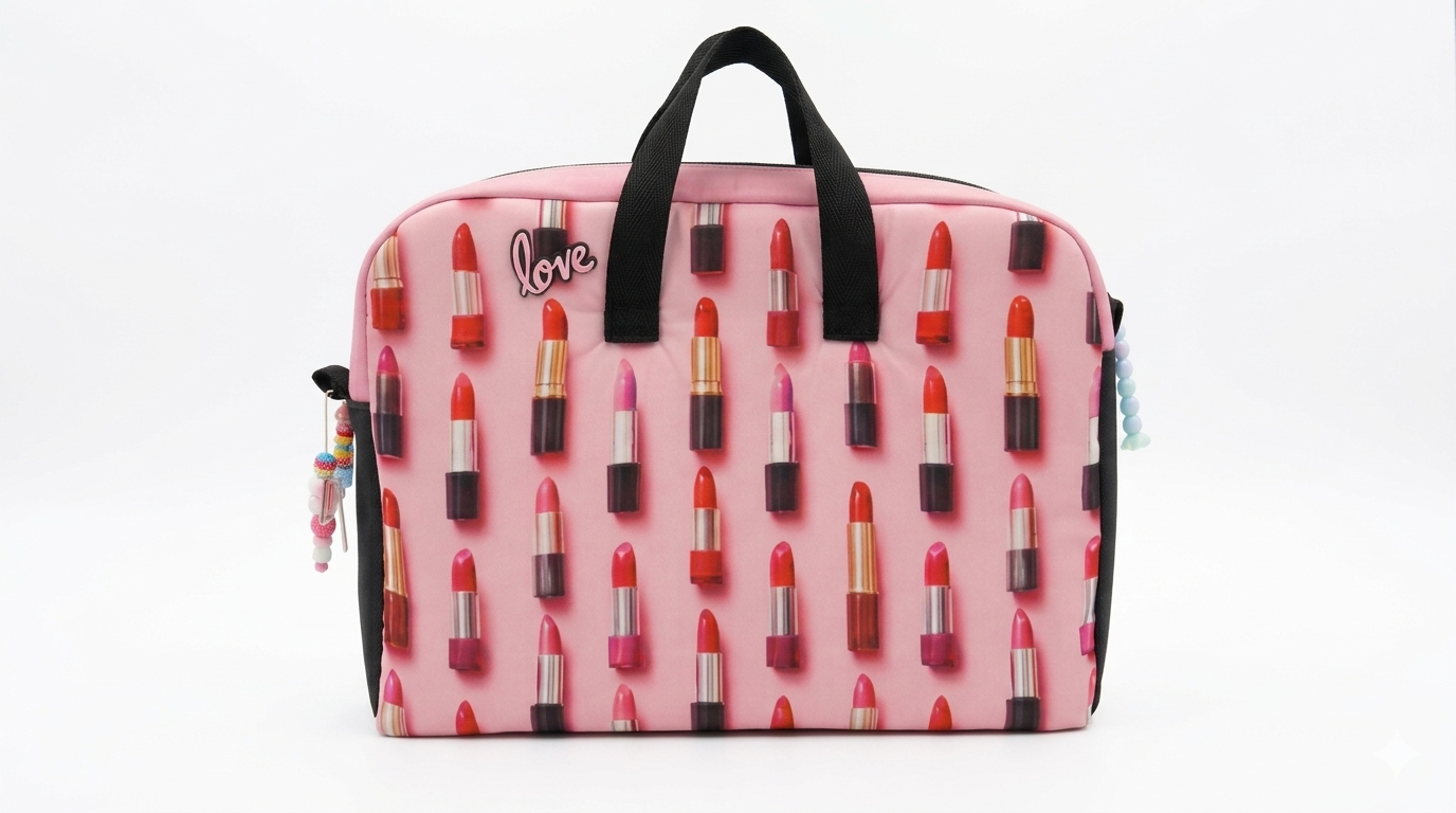 Bolso Maletín Labiales Love en diseño rosa con estampado de labiales variados y asas negras, ideal para transportar cosméticos con estilo.