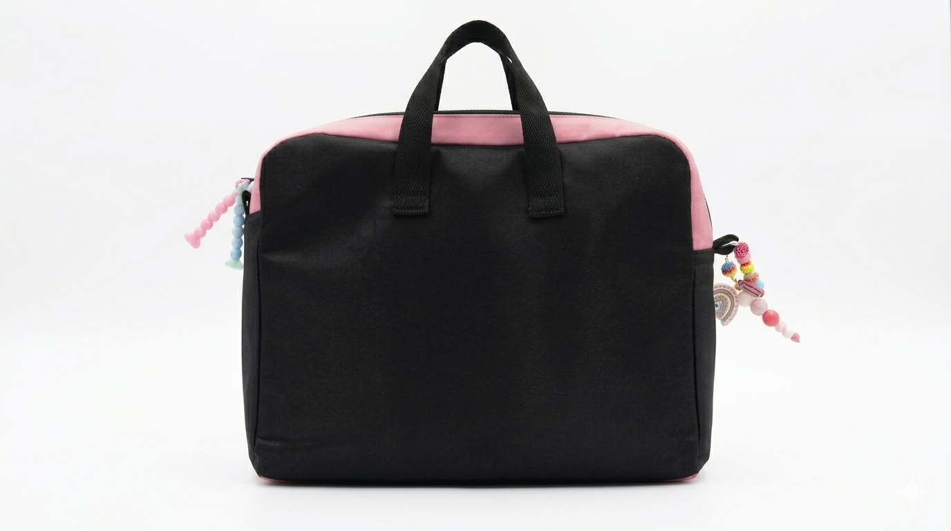Bolso Maletín Labiales Love en colores negro y rosa con asas cortas, diseño compacto y detalles decorativos en los cierres.