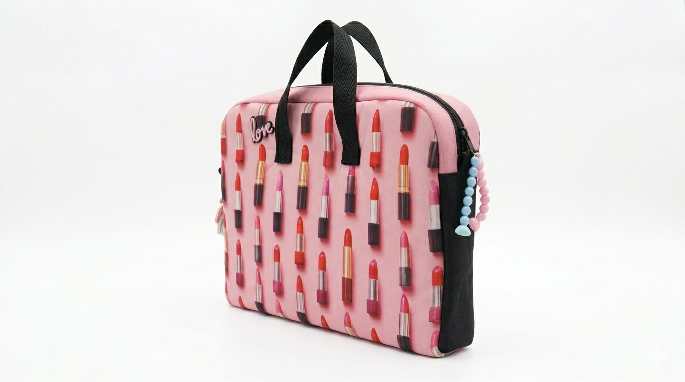 Bolso Maletín Labiales Love rosa con diseño de labiales en varios tonos, asa doble negra y cierre con detalles de cuentas decorativas.