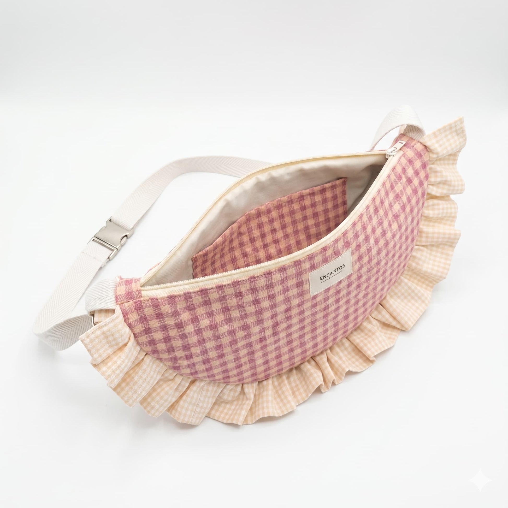 Bolso Media Luna Vichy Rosa Malva y Crema - interior abierto